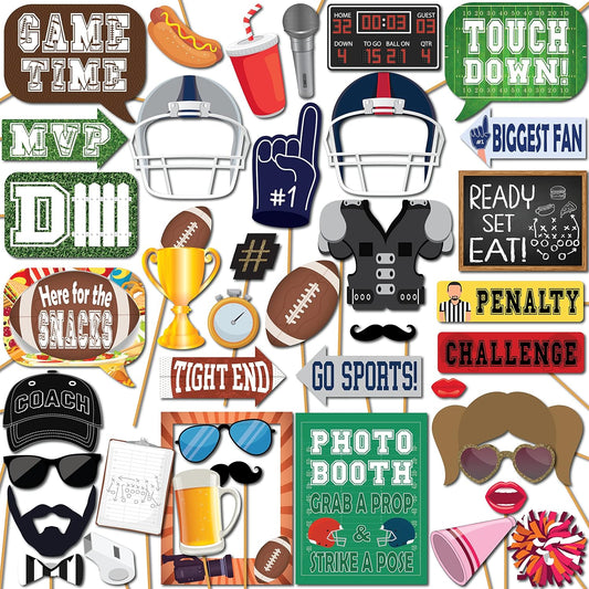 Football Photo Booth Props - 41-Pc Photobooth Kit with 8 X 10-Inch Sign, 60 Adhesive Pads, 45 Sticks - Superbowl Photo Props - Football Photo Props - Tailgate Photo Props
