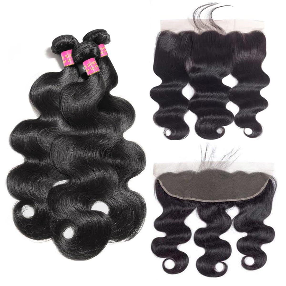 10A Body Wave 3 Bundles with Frontal Human Hair Bundles with Lace Frontal (18 20 22+16, Natural Black) Brazilian Body Wave Hair Virgin Hair Ear to Ear 13X4 Frontal Natural Black