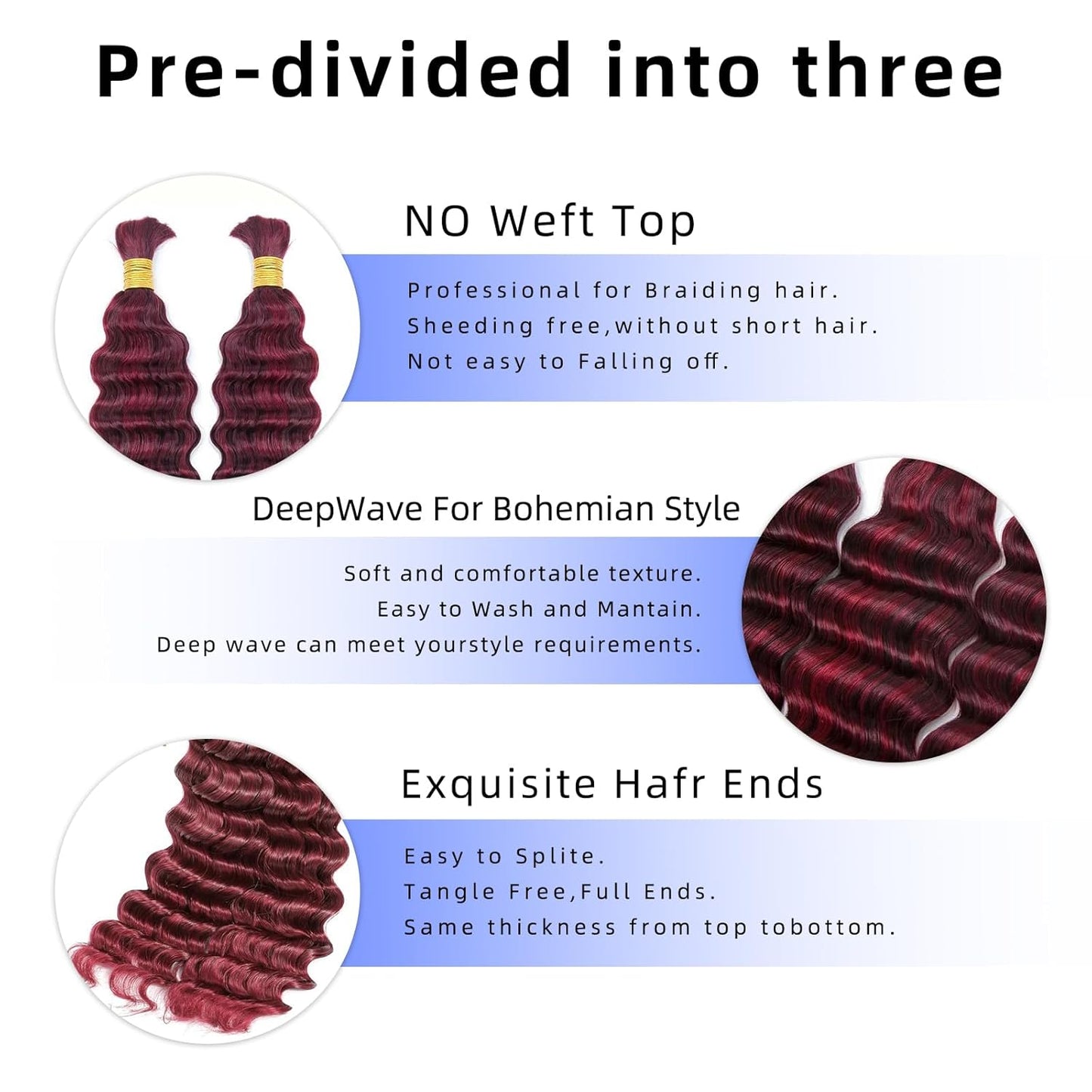 Langer 99J Burgundy Human Braiding Hair Deep Wave Bulk Human Hair for Braiding No Weft Bundle 100G 2 Bundles/Pack 16A Brazilian Virgin Water Curly Human Hair Extensions for Boho Braids Hair 20 Inch