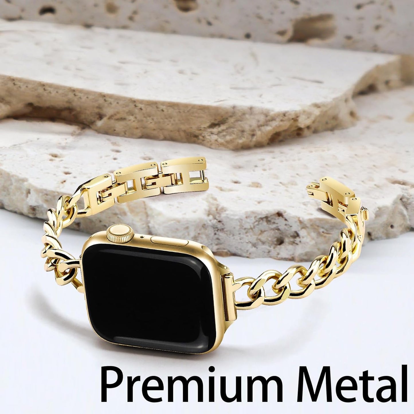 Bling Stretchy Nylon Band Gold Band Women Feminine Elegant Compatible with Apple Watch 42Mm 44Mm 45Mm 46Mm 49Mm Adjustable Metal Strap Dressy Chain Bracelet for Iwatch Series 10/9/8/7/6/5/4/