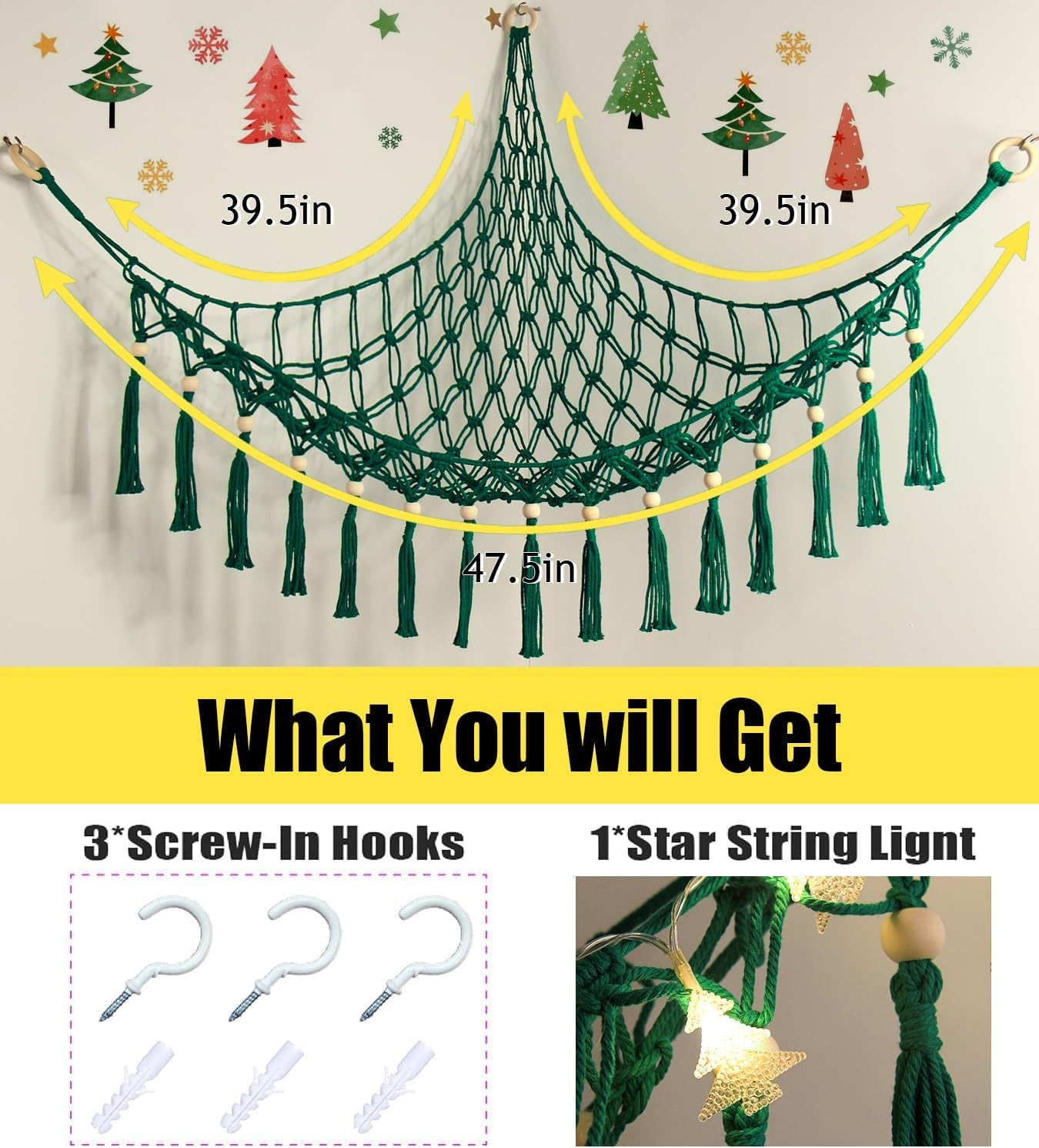 Stuffed Animal Toy Storage Hammock with LED Light - Macrame Jumbo Doll Corner Stuff Animals Organizer Decorations - Cute Plushie Net Kids Baby Nursery Bedroom Room Decor Christmas Green