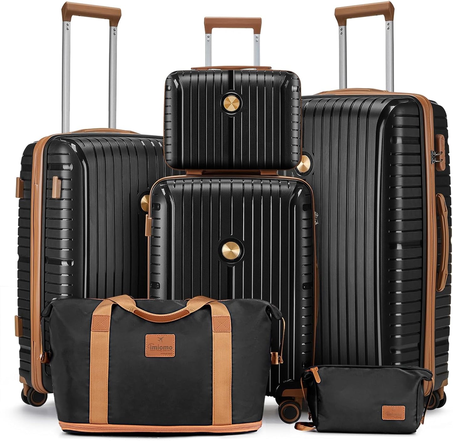 Luggage Sets 5 Piece Suitcase Set, PP Hardshell Carry on Suitcase Set, Travel Suitcases with Double Spinner Wheels and TSA Lock, Black Brown