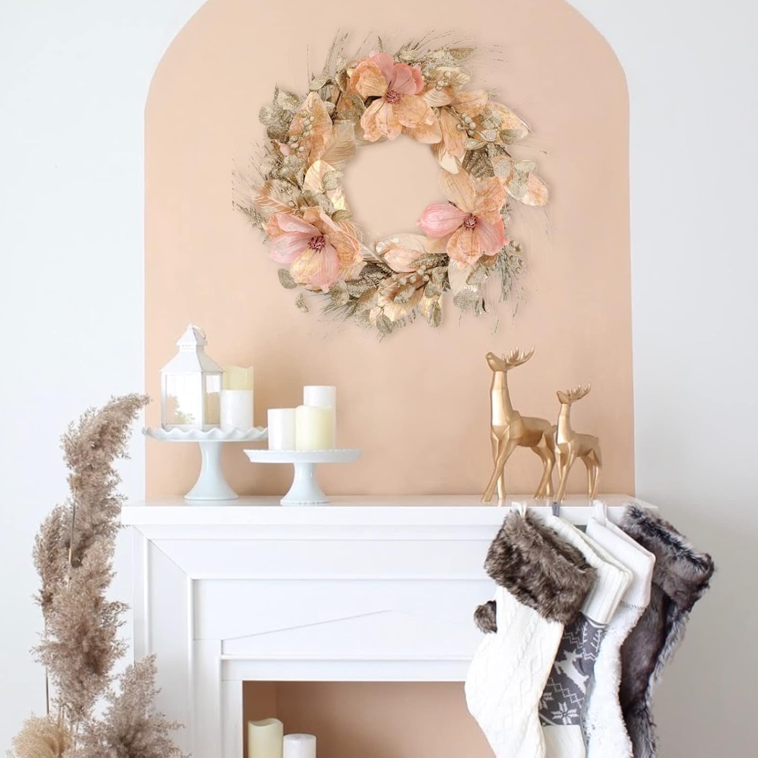 18 Inch Winter and Christmas Magnolia Flowers Gold Glitter Wreath for Home and Front Door Decor, Pink and Gold Magnolia Flower Wreath for Indoor