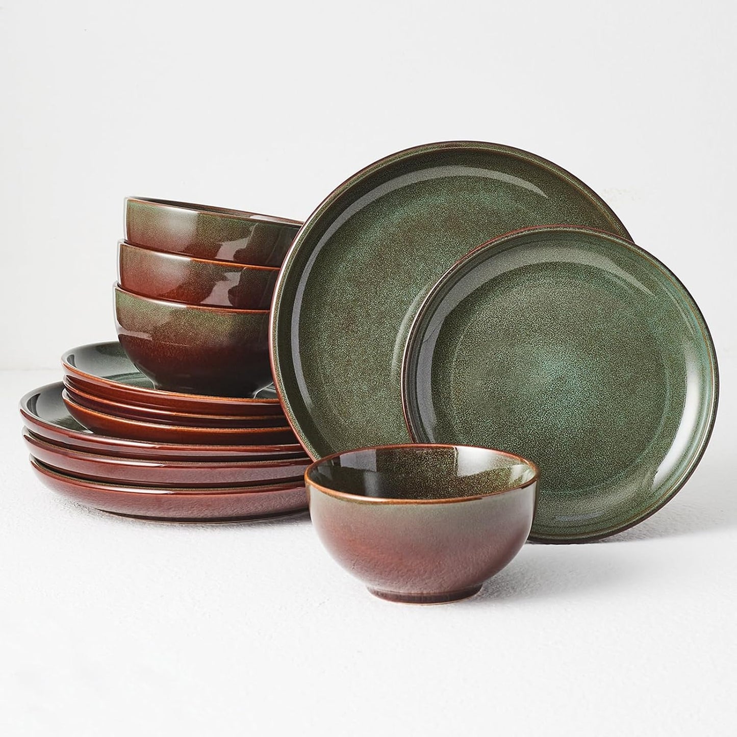 Stoneware Dinnerware Sets Service for 4, 12 Pcs Reactive Glaze Plates and Bowls Sets, Handmade Ceramic Dish Set, Highly Chip and Crack Resistant Modern Plate Set, Sage Green