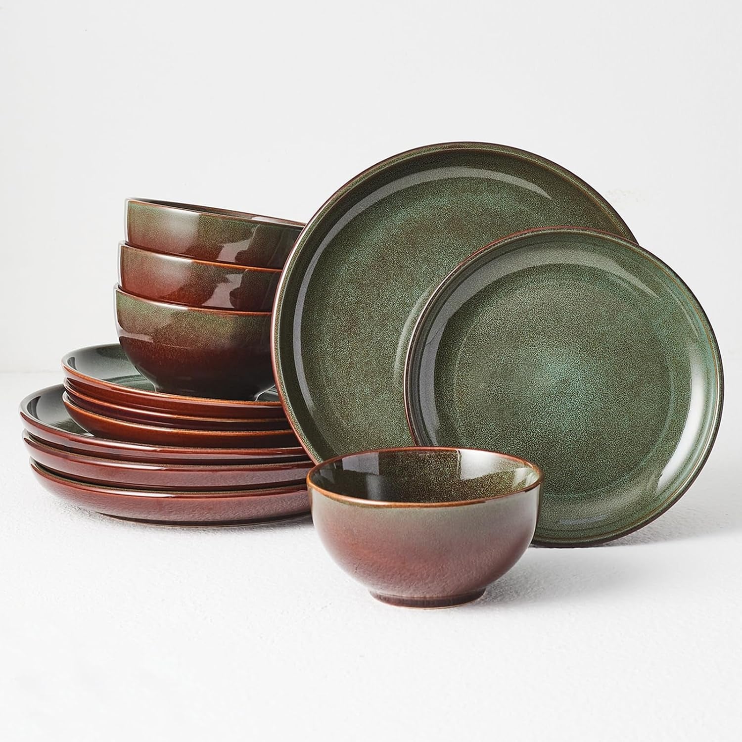 Stoneware Dinnerware Sets Service for 4, 12 Pcs Reactive Glaze Plates and Bowls Sets, Handmade Ceramic Dish Set, Highly Chip and Crack Resistant Modern Plate Set, Sage Green