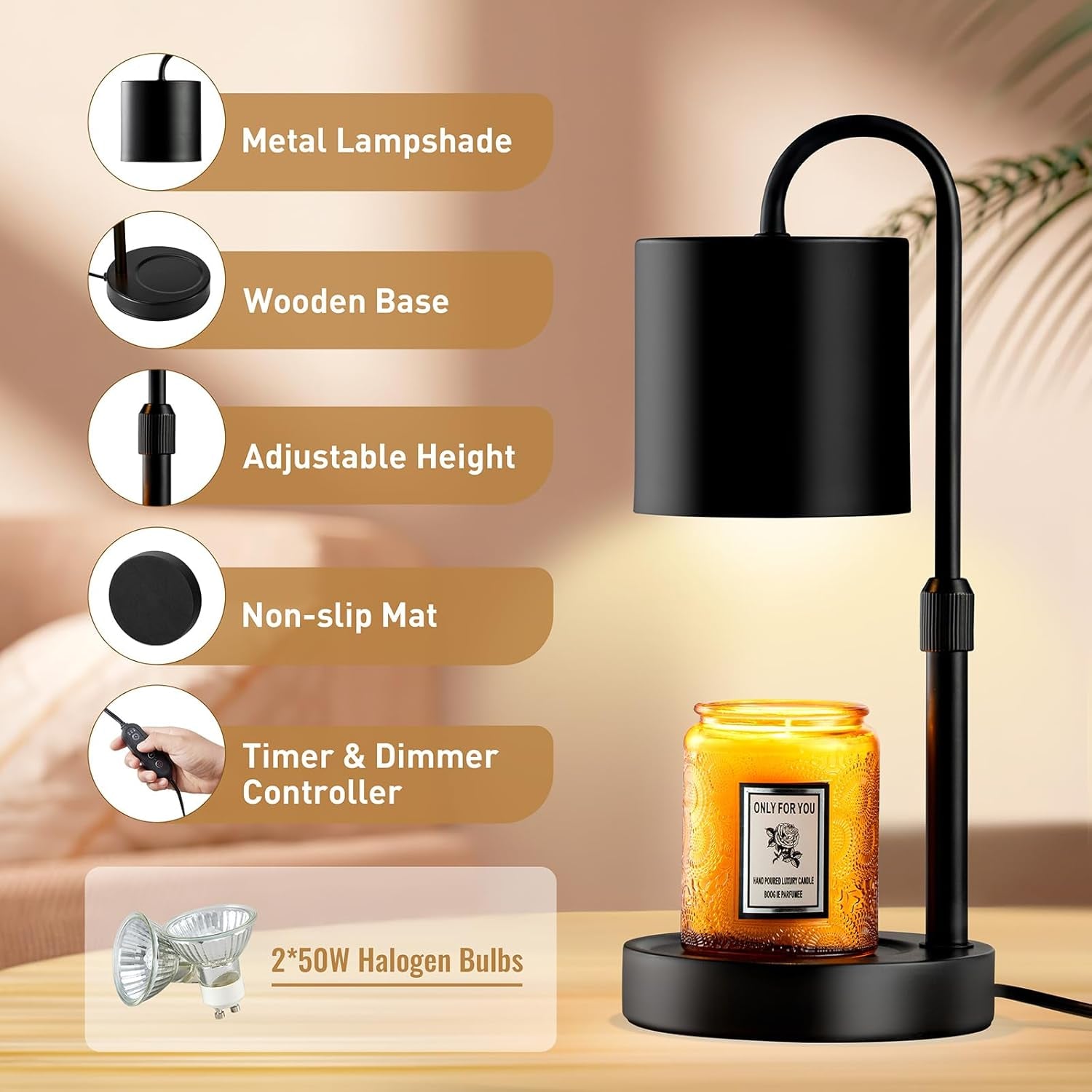 Candle Warmer Lamp with Timer and Dimmer, Electric Candle Lamp Warmer for Jar Candles, Adjustable Height Candle Wax Warmer with 2 Bulbs & Wooden Base, Gifts for Women Home Decor, Black
