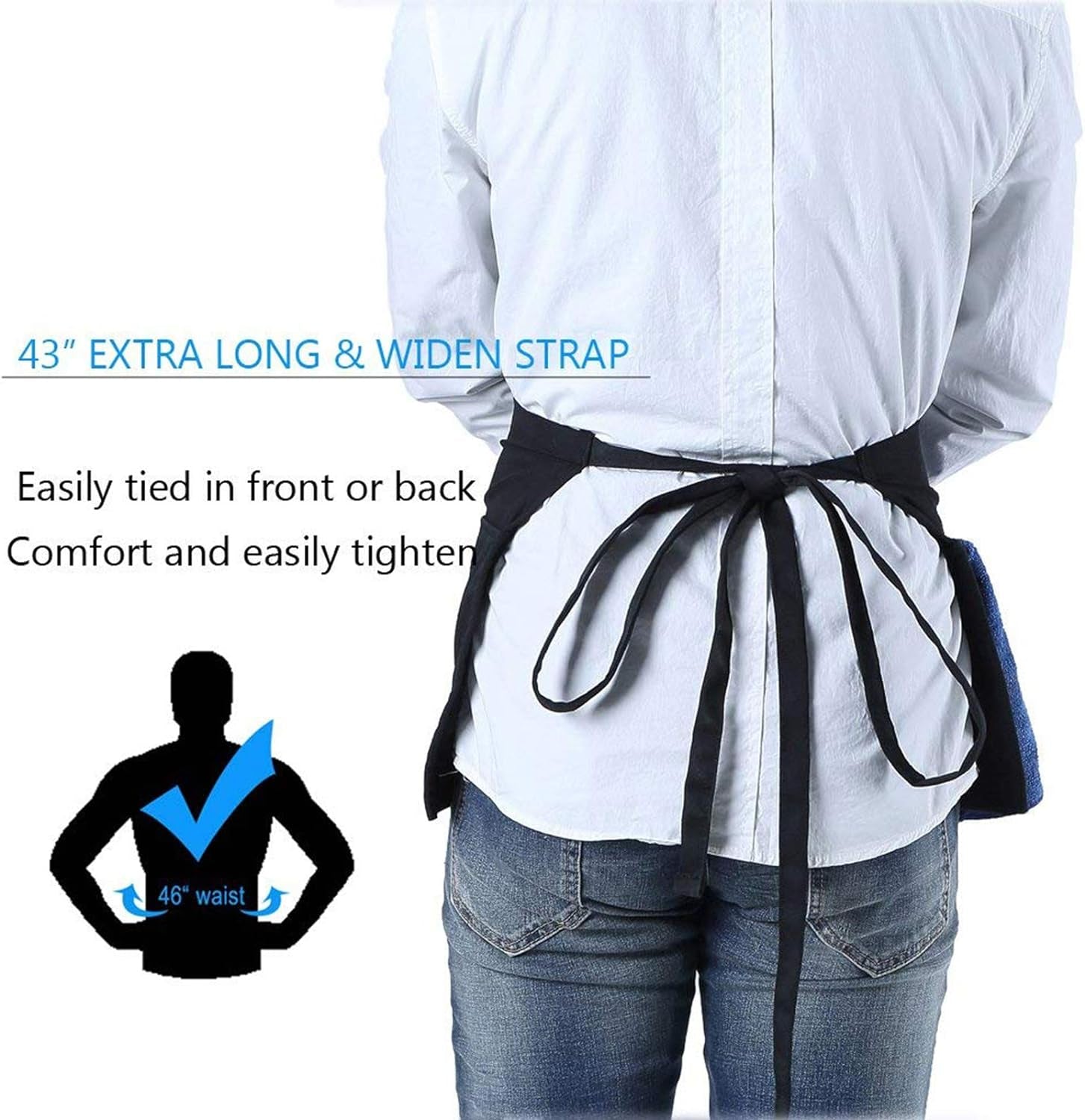 Waist Apron with 3 Pockets - Black Waitress Waiter Server Short Aprons