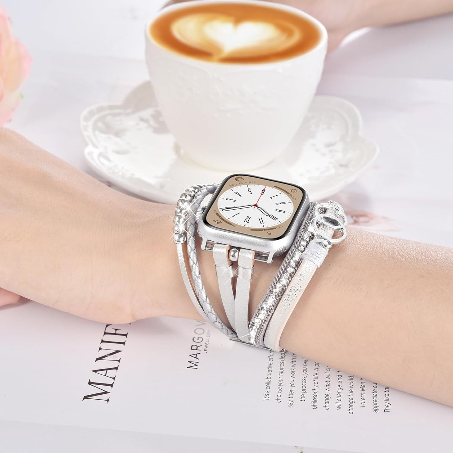 Boho Leather Bracelet Compatible with Apple Watch Band 38Mm 40Mm 41Mm Women, Handmade Multilayer Wrap Beaded Jewelry Apple Watch Strap for Iwatch Series 9 8 7 6 5 4 3 2 1 Silver