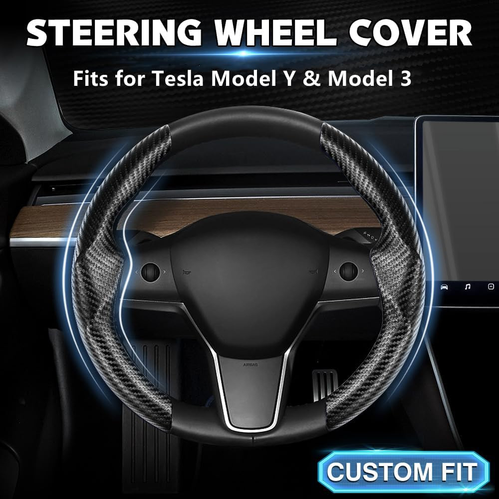 Carbon Fiber Steering Wheel Cover Custom Fit for Tesla Model 3 2017-2024 2025 and 2020-2024 2025 Model Y Accessories anti Skid Leather Car Segmented Steering Wheel Protector (Black)