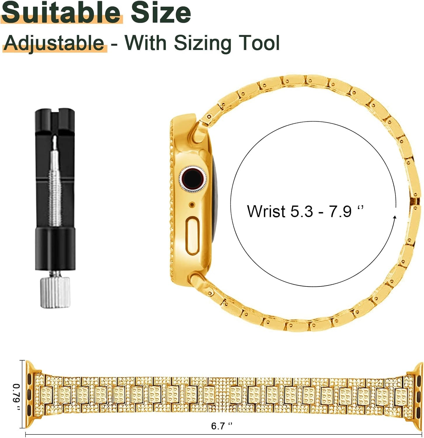 Compatible with Apple Watch Band 38Mm 40Mm 41Mm 42Mm 44Mm 45Mm 49Mm with 2 Pack Case Women, Jewelry Replacement Metal Wristband Strap with Bling PC Protective Case for Iwatch Ultra SE Series 9/8/7/6/5/4/3/2/1