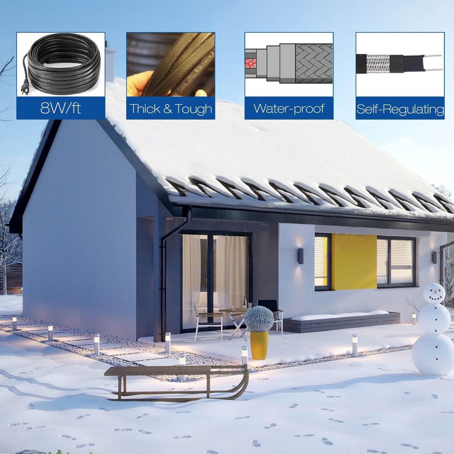 Roof Heat Cable Snow De-Icing Kit Self-Regulating Plug-In Ready Heat Tape for Roof and Gutters Ice Dam Prevention 8W/Ft 100Ft