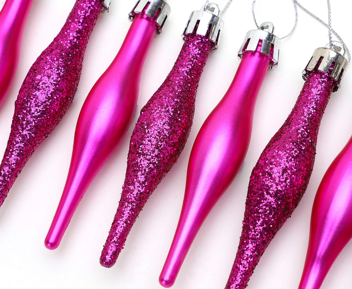 Pack of 15-8.5Cm, 85Mm (3.4") Droplet Baubles - Matte & Glitter Design - Christmas Ornaments (Hot Pink)