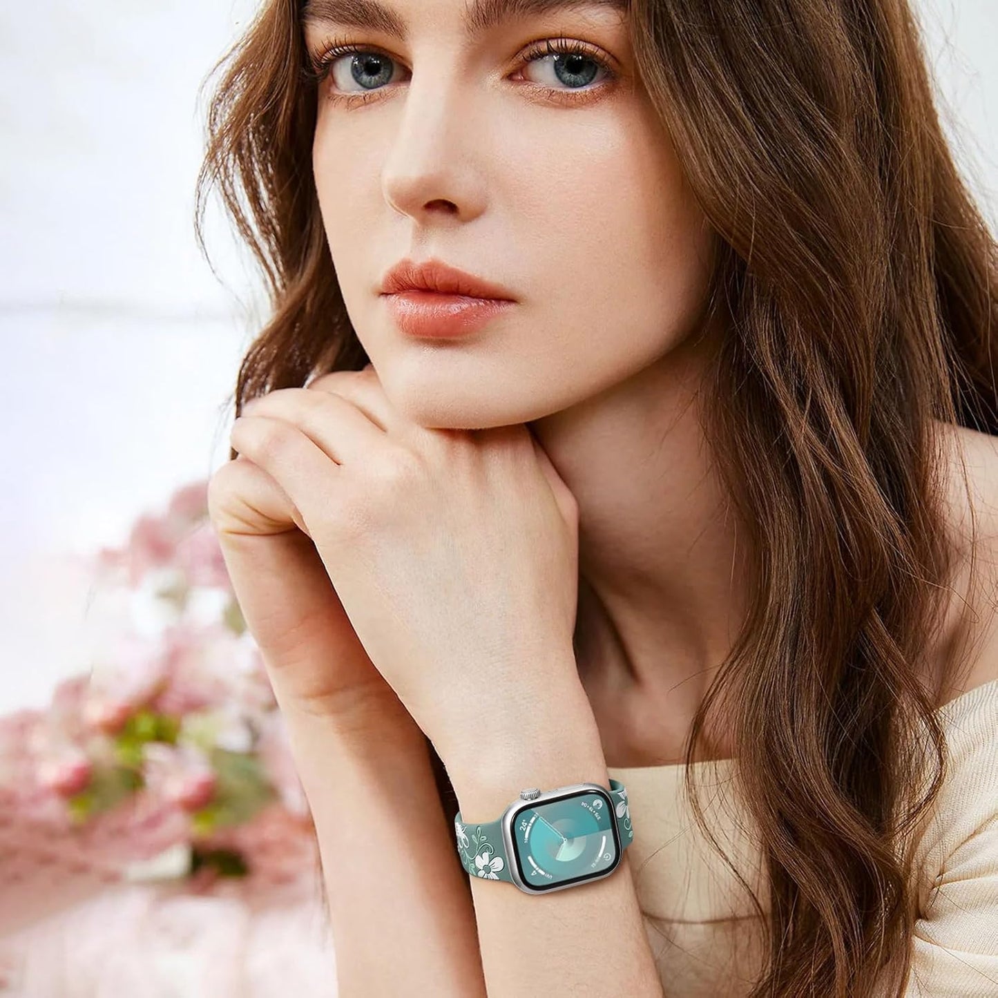 Floral Band Compatible with Apple Watch Bands for Women 40Mm 41Mm 38Mm 42Mm 44Mm 45Mm 46Mm 49Mm, Engraved Cute Flower Silicone Inlay Dressy Strap for Iwatch Series 10 9 8 7 6 5 4 3 2 SE Ultra
