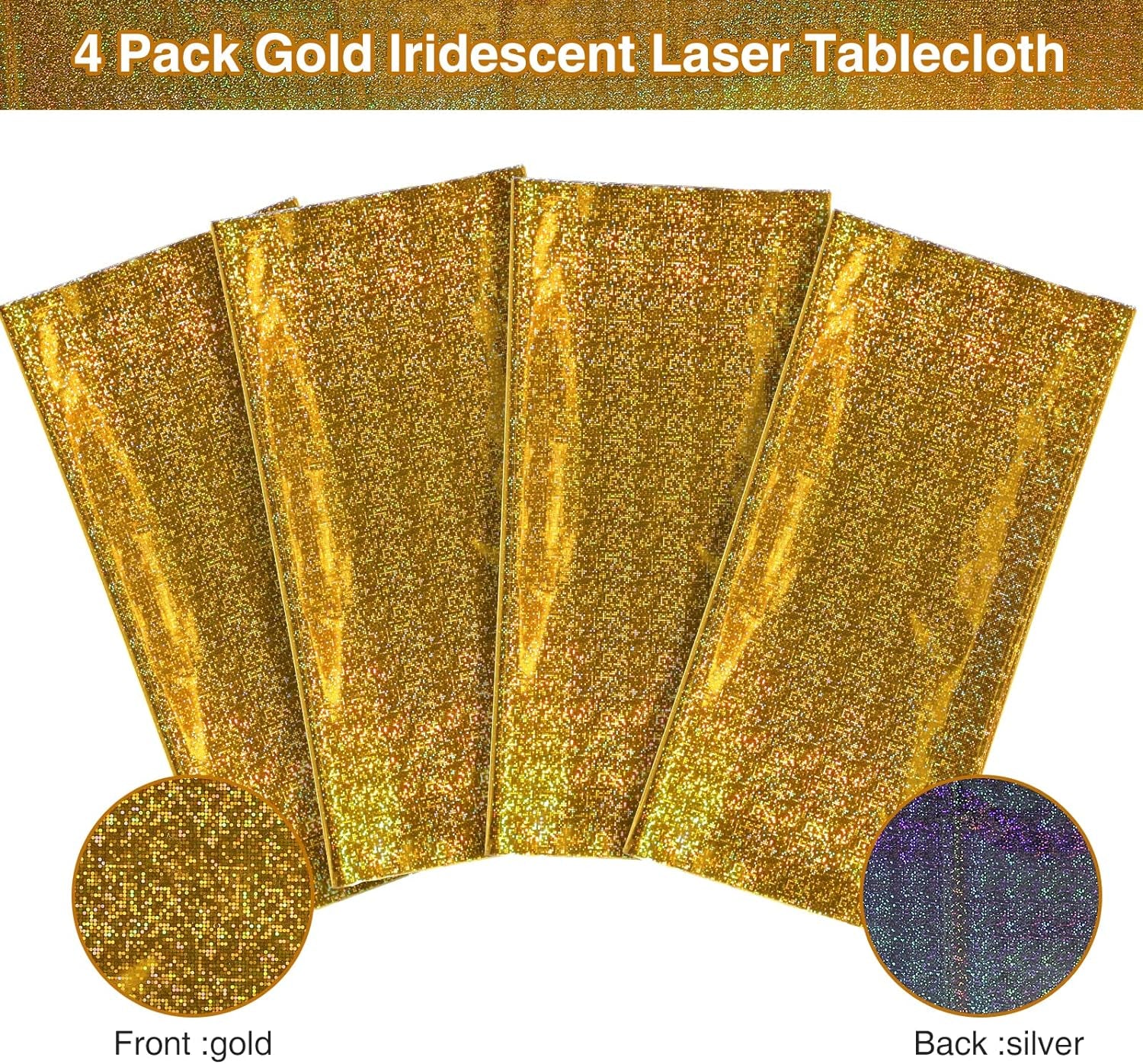 4 Pack Iridescence Plastic Tablecloths Shiny Disposable Laser Rectangle Table Covers Holographic Foil Tablecloth Iridescent Party Decoration Birthday Bridal Wedding Christmas 54" X 108" (Gold)