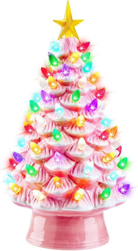 13 Inch Ceramic Christmas Tree, Pre-Lit Tabletop Christmas Tree with Multicolored LED Lights and Star, Battery Operated Valentine'S Day Lighted Ceramic Tree for Home Table Holiday Decorations