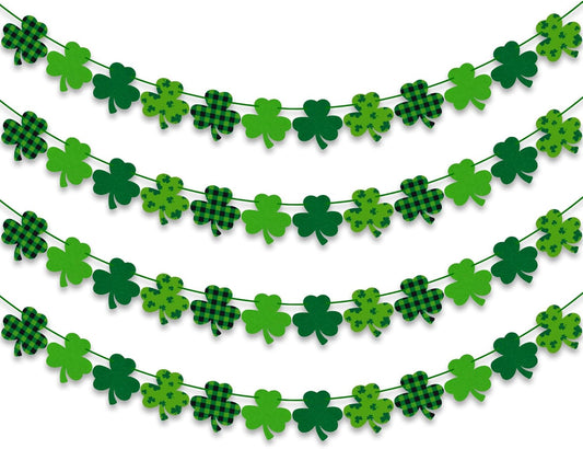 4PCS Felt Shamrock Clover Garland Banner - NO DIY, St. Patrick'S Day Decorations - Buffalo Plaid Dark Green Light Green Happy St. Patrick'S Day Banner for Home Mantel Office Irish Day Party Supplies