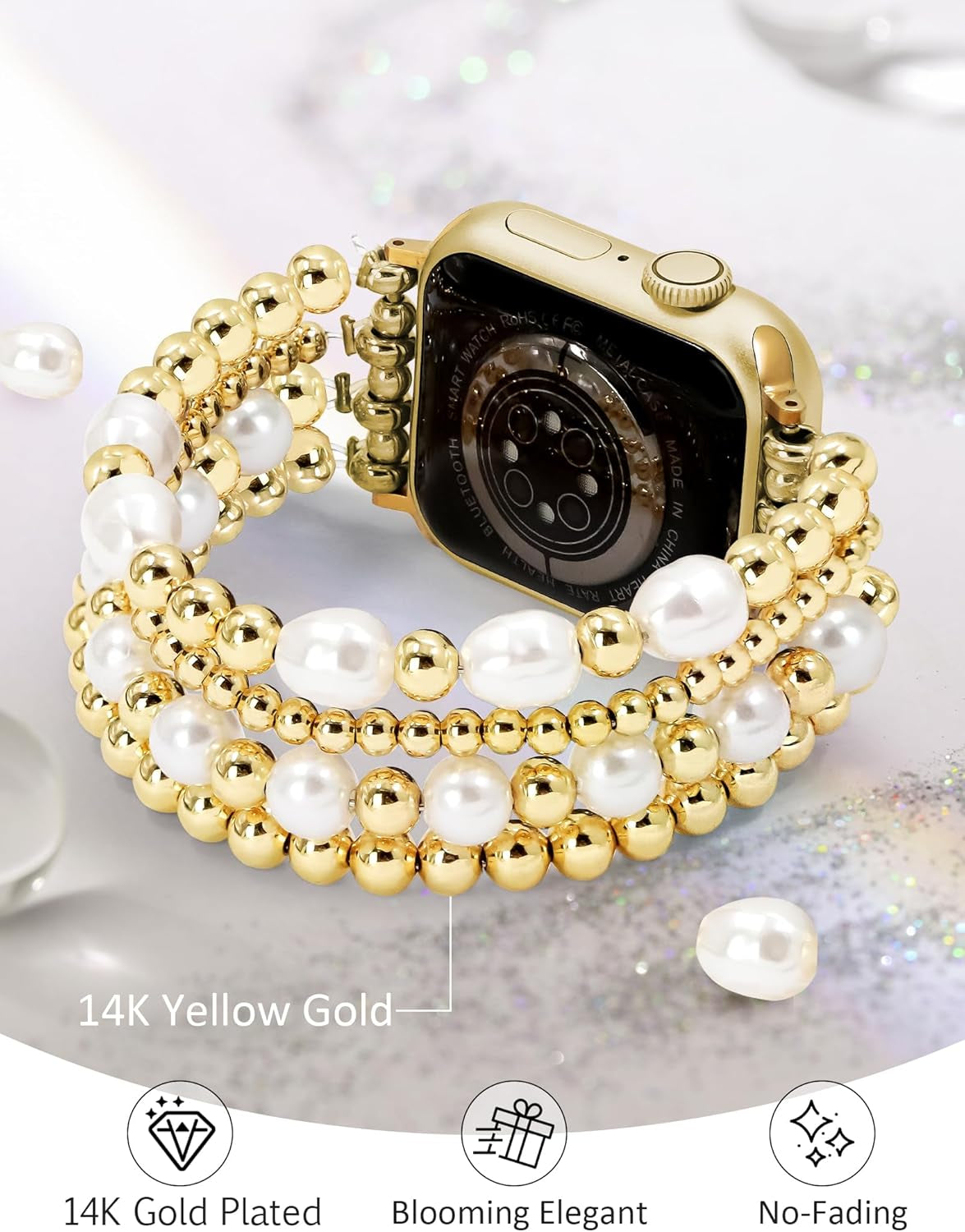 Beaded Bracelet Women Compatible with Apple Watch Bands 40Mm 45Mm 44Mm 41Mm 38Mm 42Mm Dressy Fancy Fashion Cute Stretchy Elastic Jewelry Strap Replacement for Iwatch Series 9/8/SE/7/6/5/4/3/2/1
