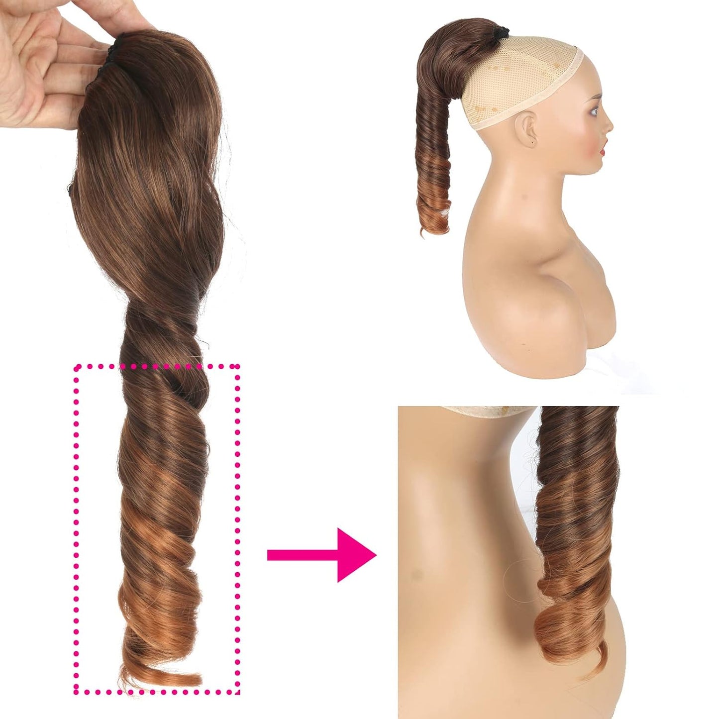 Highlights Curly Ponytails Drawstring Ponytail Extension for Black Women, 14Inch Ombre Brown Ponytail Short Spiral Curl Hair Piece Clip on Ponytails for Women Pretty Party Hair Extensions(T4/30#)