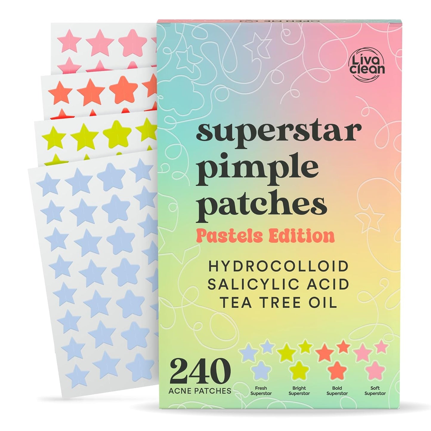 Star Pimple Patches for Face W/Hydrocolloid, Salicylic Acid & Tea Tree, 240 Patches, Hydrocolloid Acne Patch, Cute Star Pimple Patch for Healing Stickers Zit Superstar