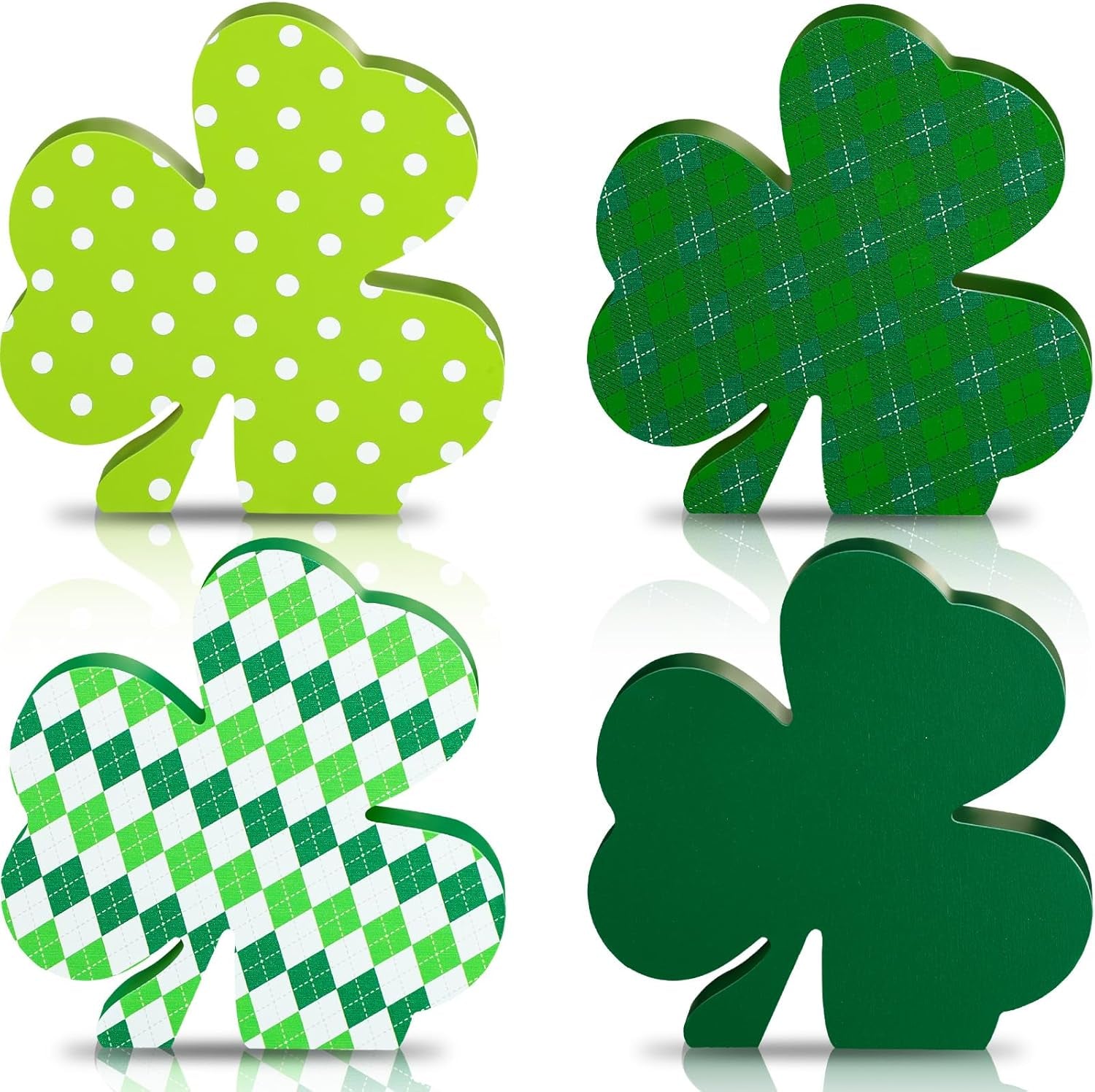 4 Pieces St Patricks Wooden Shamrock Table Signs Irish Lucky Wood Table Centerpiece St. Patrick Decoration for Holiday Home Office Tiered Tray Decor(Simple Style)