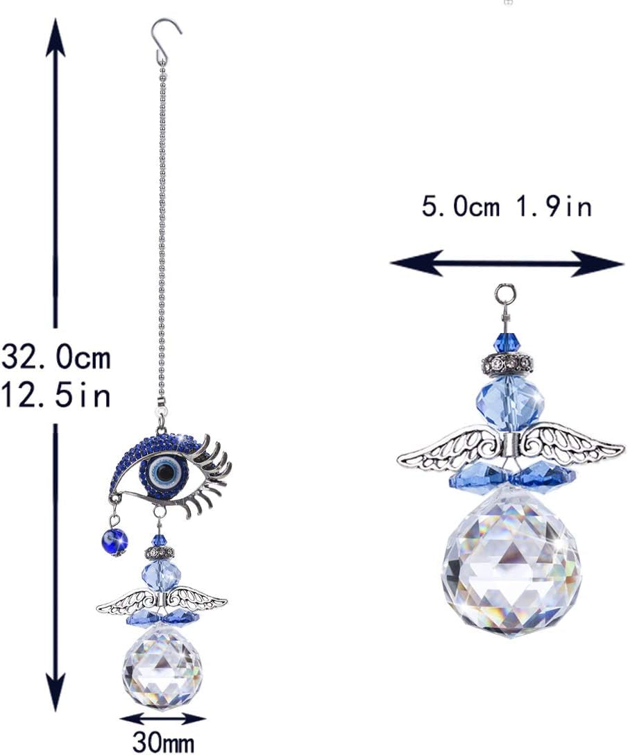 Hanging Crystal Angel Suncatcher Blue Evil Eye Protection and Good Luck Charm Chandelier Lamps Pendant(12.5In)