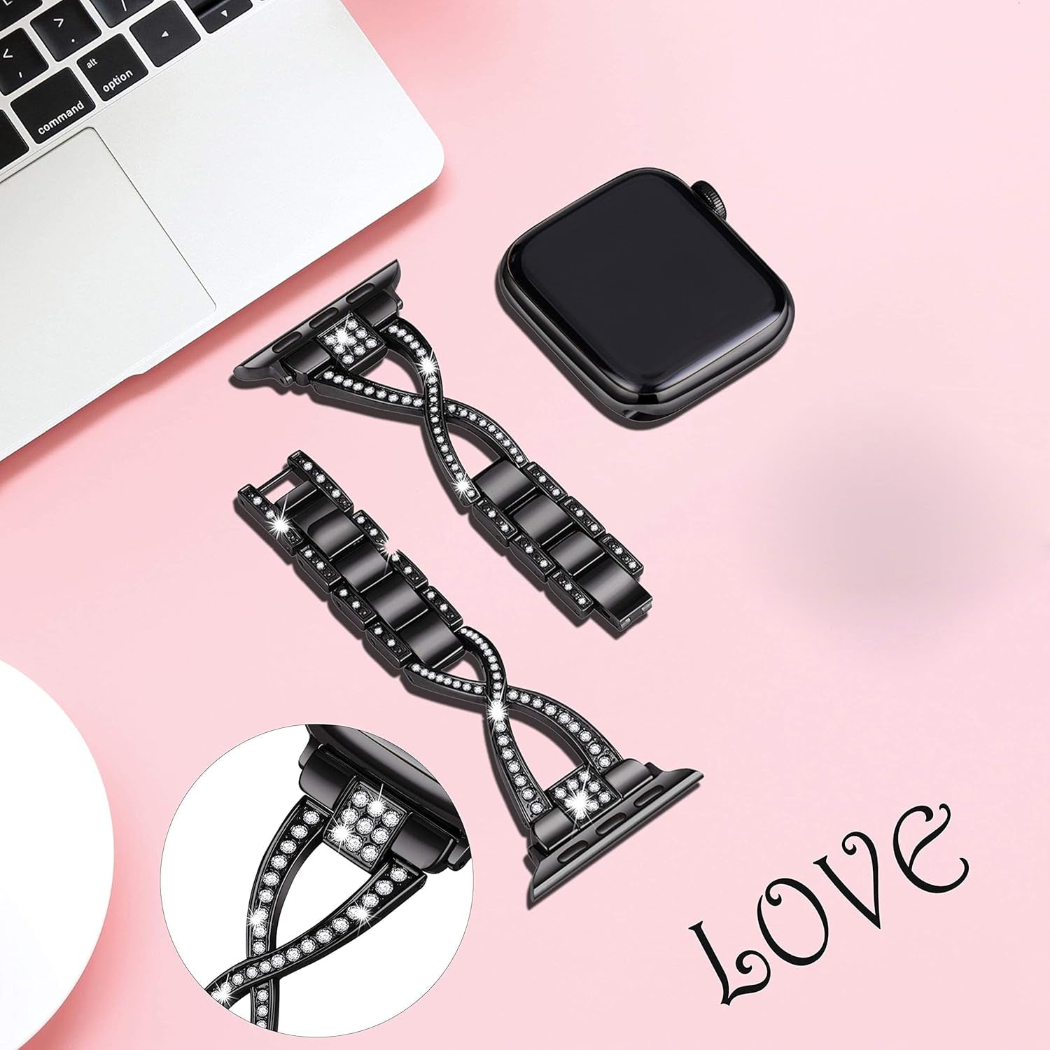 For Apple Watch Band 38Mm 40Mm 41Mm Women Series 9 8 7 6 5 4 SE Iwatch Bands Bling Metal Bracelet Dressy Fancy Cute Strap Black