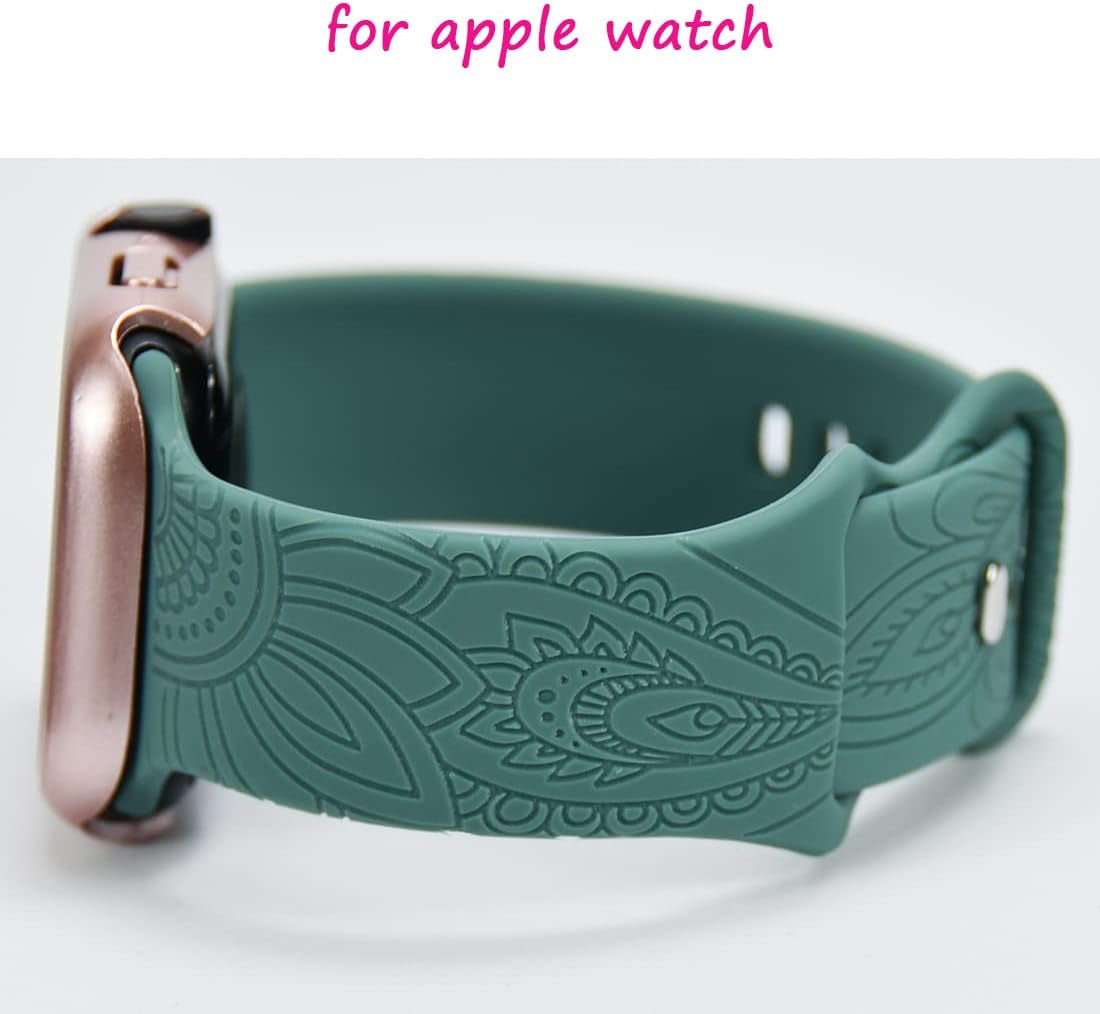 Flower Boho Engraved Band Compatible with Apple Watch Band 38Mm 40Mm 41Mm 44Mm 45Mm 42Mm 49Mm Women Wristbands, Soft Silicone Sport Floral Fancy Cute Designer Replacement Strap for Iwatch Series 8/7/6/5/4/3/2/SE