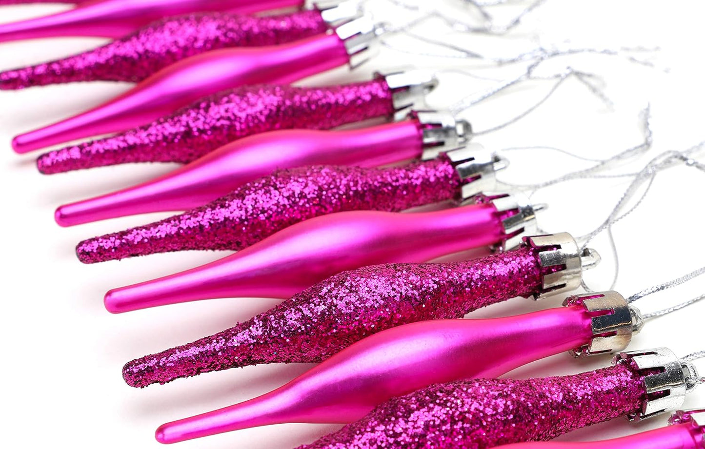 Pack of 15-8.5Cm, 85Mm (3.4") Droplet Baubles - Matte & Glitter Design - Christmas Ornaments (Hot Pink)