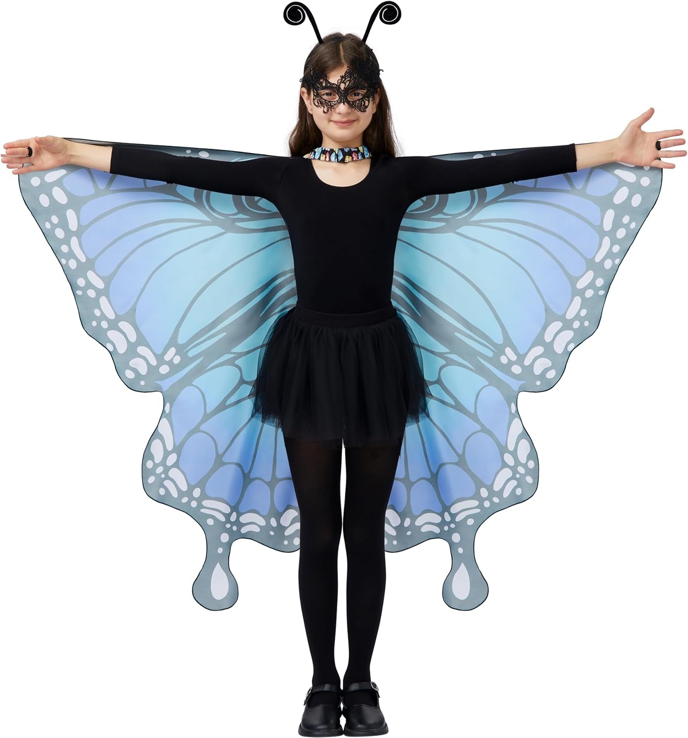 Blue Butterfly Wing Kids, Halloween Butterfly Costume for Girls with Lace Mask and Bug Headband for Halloween Costume Party