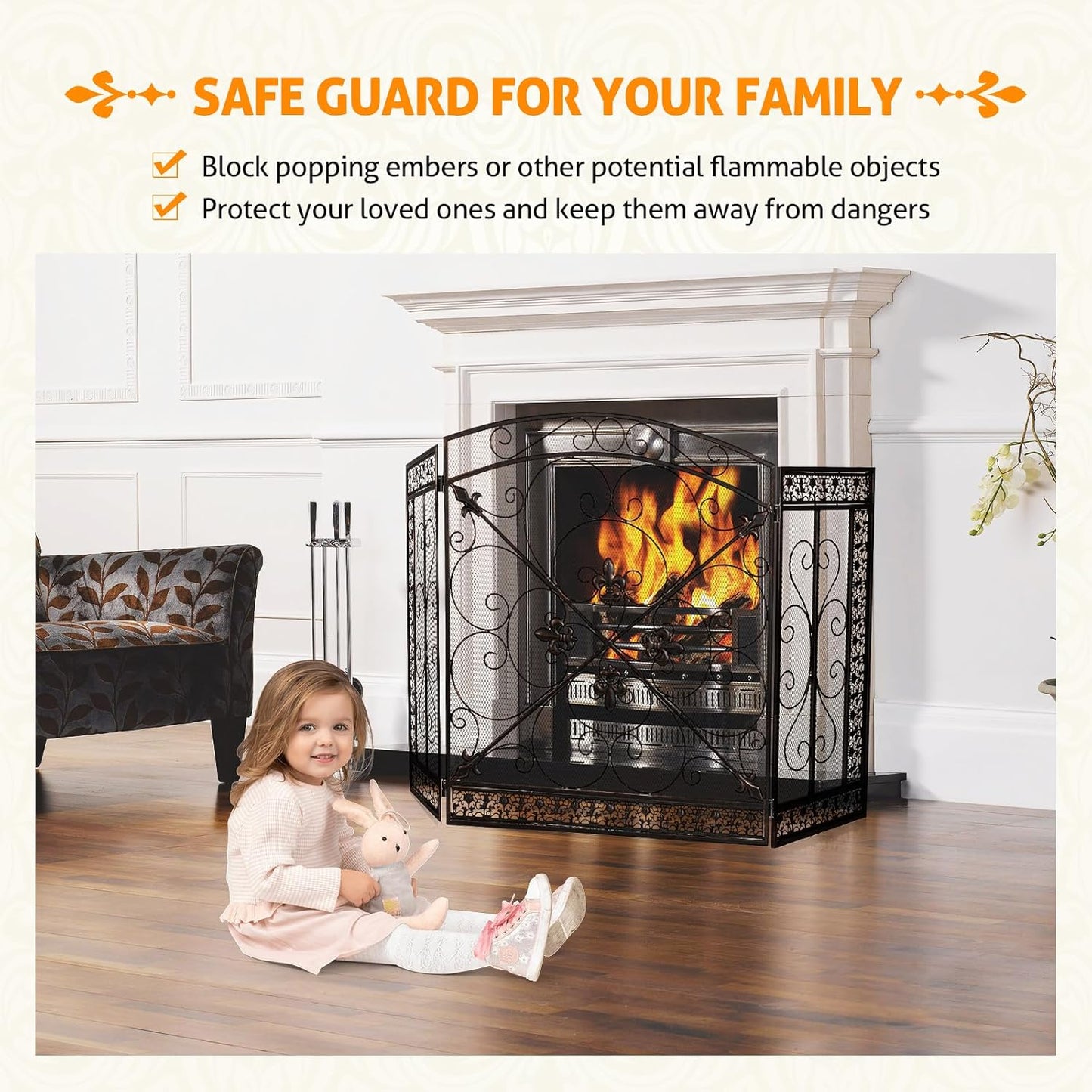 Fireplace Screen 3 Panel Folding Fireplace Screens 52.4 X 31 Inch Metal Furnace Fireguards Mesh Cover Baby Safe Proof Fence Spark Guard Cover Wrought Iron Fire Place Standing Gate (Bronze)