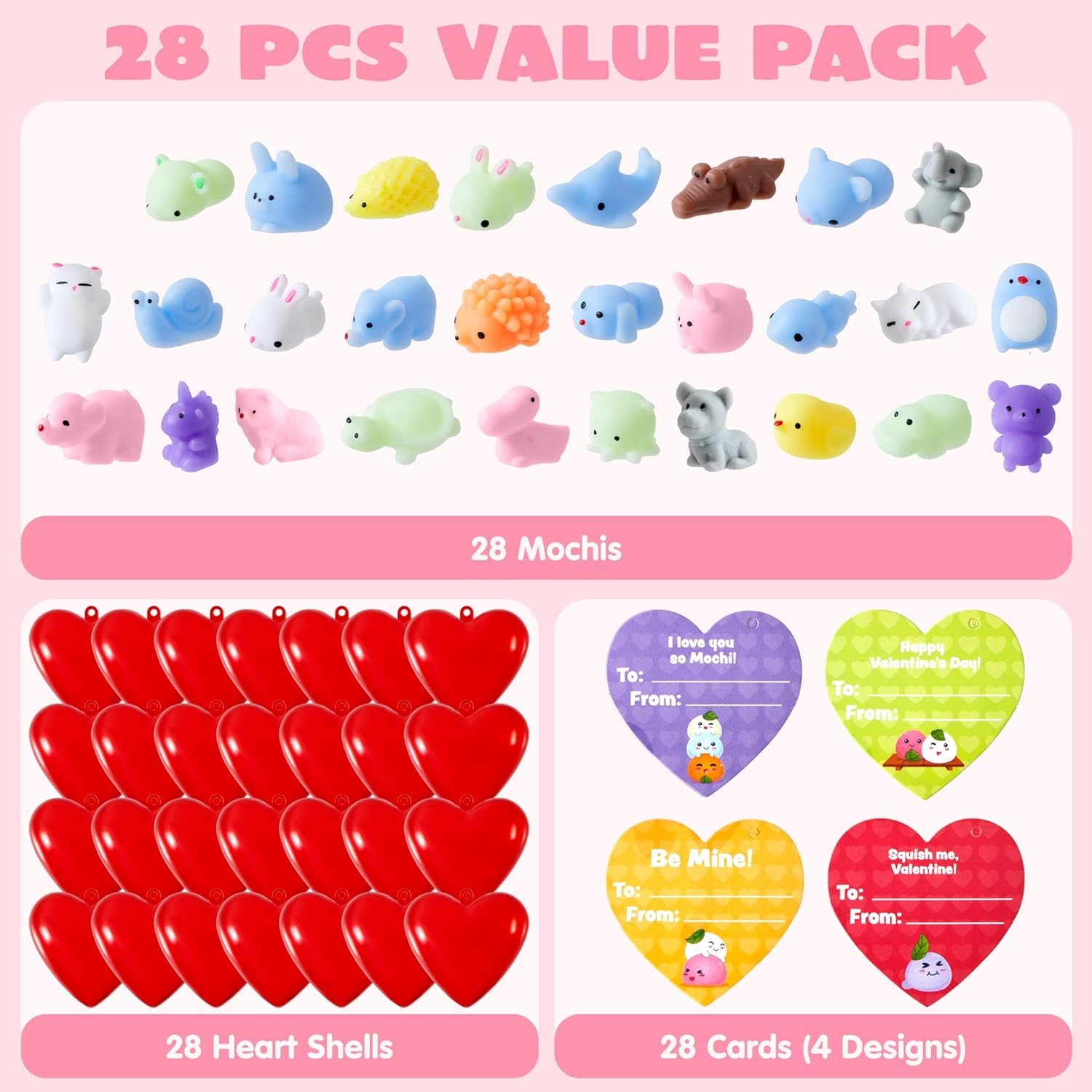 28 Mochi Squishy Toys Filled Hearts and Valentine Cards for Kids Valentine Classroom Exchange Party Favors, Kawaii Stress Relief Toys for Valentine Gift Exchange, Game Prizes and Carnivals Gift
