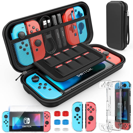 Switch Case Compatible with Nintendo Switch, 9 in 1 Switch Accessories Kit with Carrying Case, Dockable Protective Case, HD Screen Protector and 6Pcs Thumb Grips Caps