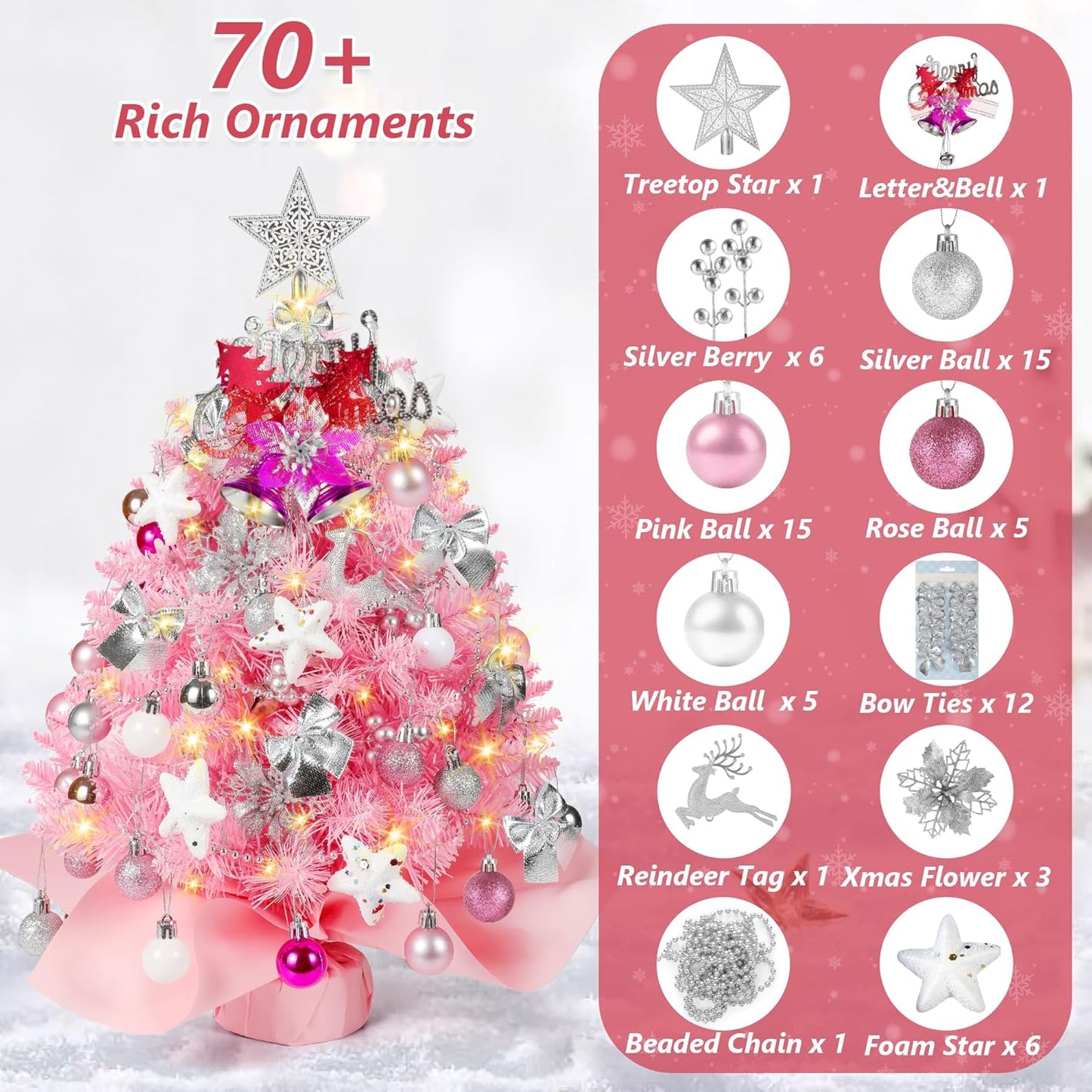 2FT Pink Christmas Tree, Mini Tabletop Christmas Tree with 60 LED Lights, Small Prelit Artificial Christmas Tree, 100 Branch Tips, 70 DIY Ornaments, Pink Christmas Decorations