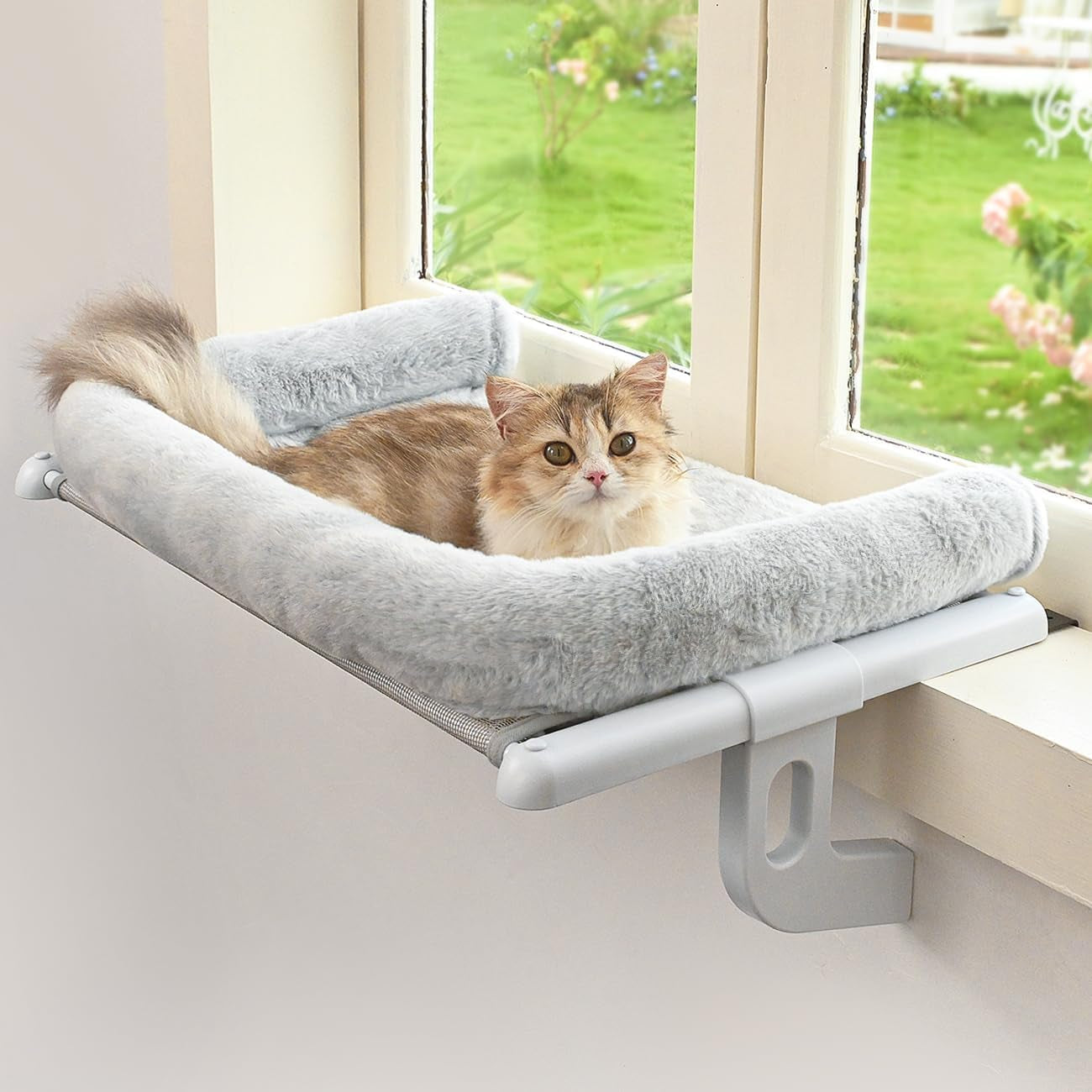 Cat Window Sill Perch with Large Bolster, Easy to Adjust & Assemble Cat Window Seat for Windowsill & Bedside, Cat Hammock Bed for Large Cats and Kittens (Grey, M)