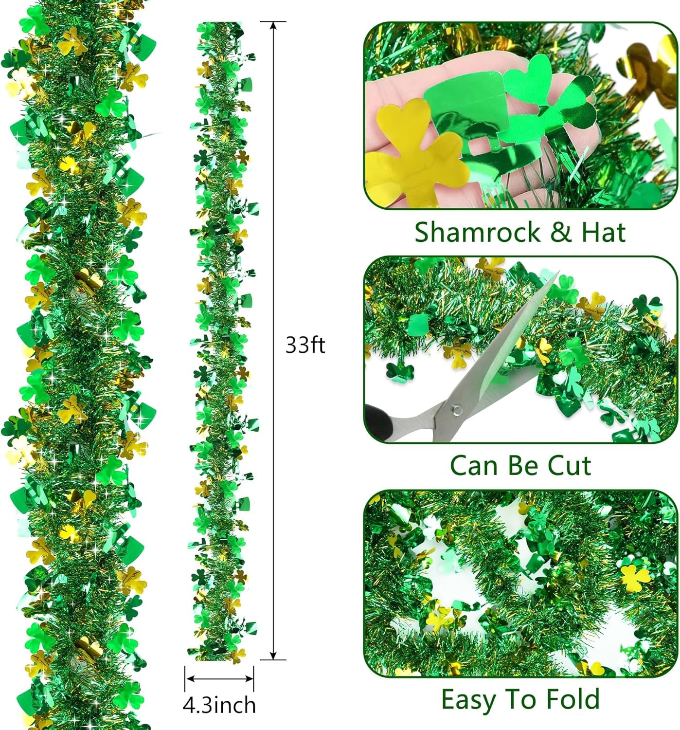 33 FT St Patricks Day Garland Decor Gold Green Shamrock Hat Tinsel Garland, Shiny Metallic Streamer Twist Garland Hanging St Patricks Day Decorations for Home Indoor Outdoor Irish Party Supplies