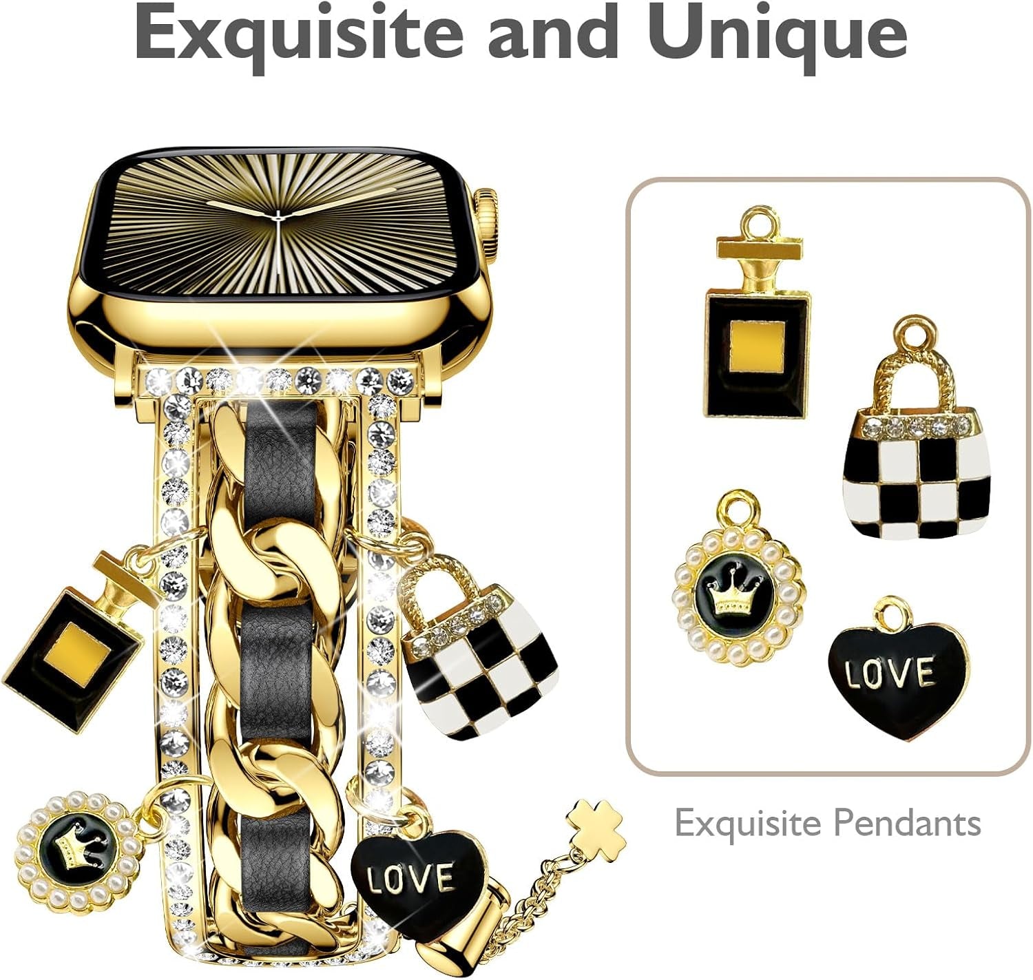 Stylish Compatible with Women Apple Watch Bands 41Mm 40Mm 38Mm 42Mm, Bling Pendants Charms Bracelet for Iwatch Series 10 9 8 7 6 5 4 3 2 1 SE Ultra