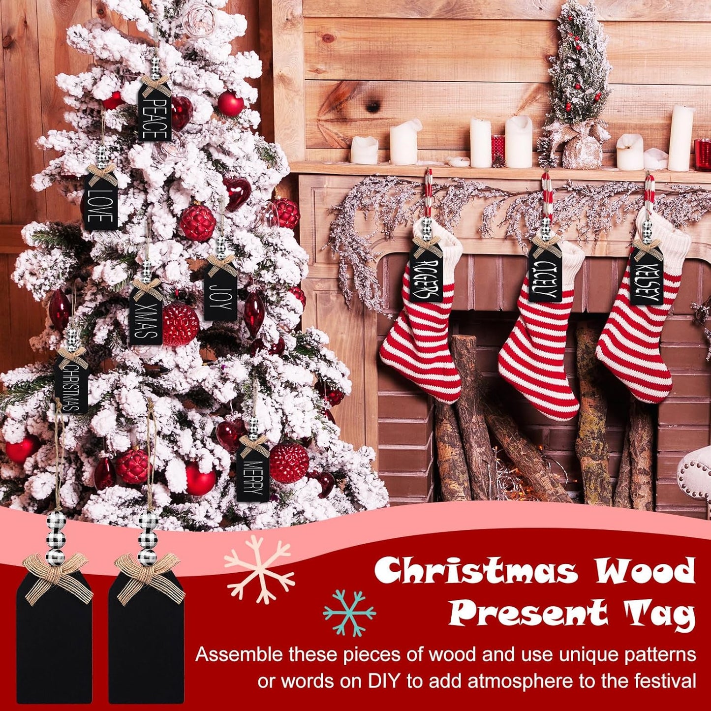 12 Set Christmas Stocking Name Tags Farmhouse Christmas Ornaments Hanging DIY Unfinished Personalized Blank Bead Wooden Xmas Gift Tags for Christmas Decorations(4.5 X 2.6'',Black and White)