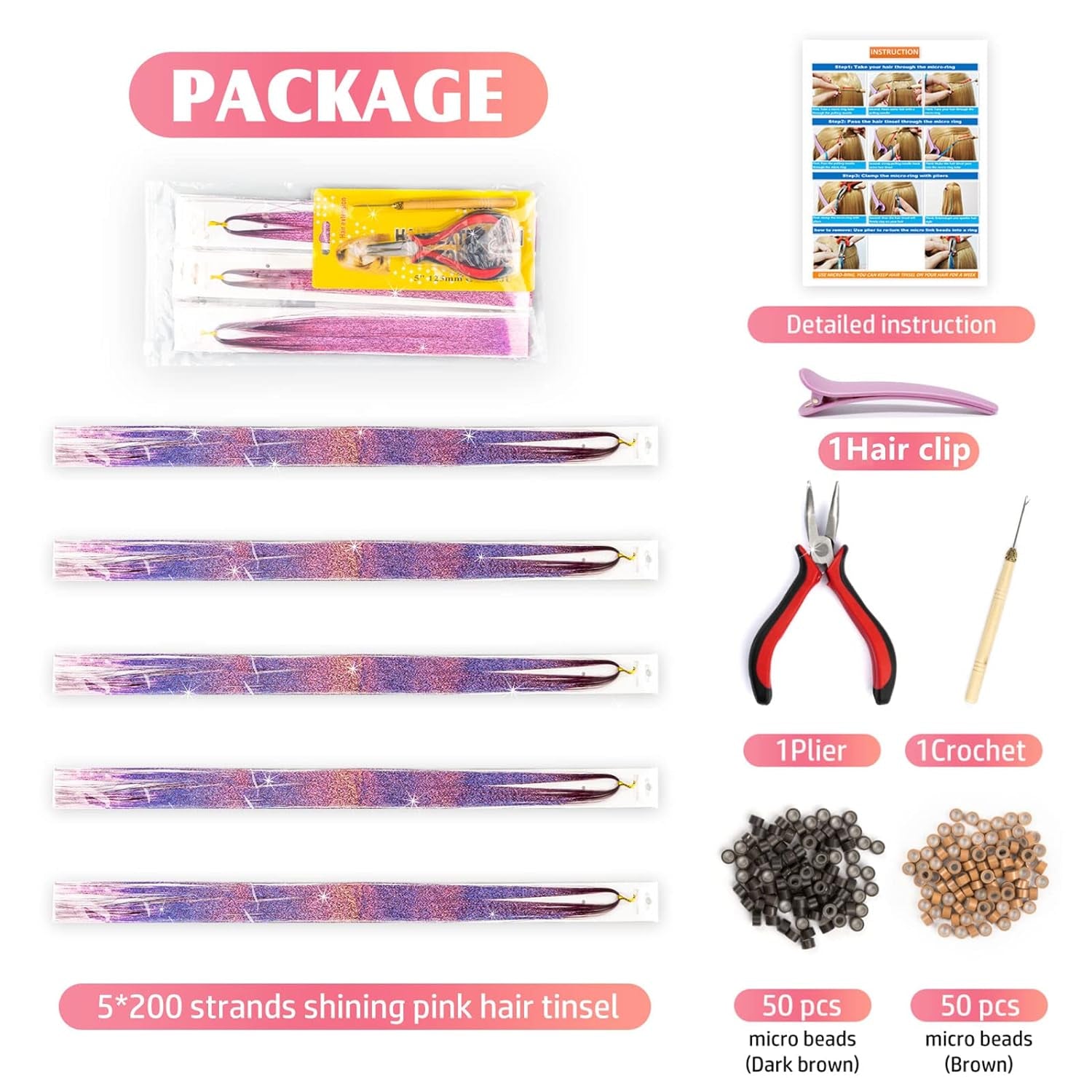 Hair Tinsel Kit with Tools and Instruction Easy to Use 1000 Strands 47 Inches Glitter Tinsel Hair Extensions for Women and Girls, Sparkling Shinny Fairy Hair Accessories for Christmas New Year Halloween Cosplay Party (Pink)