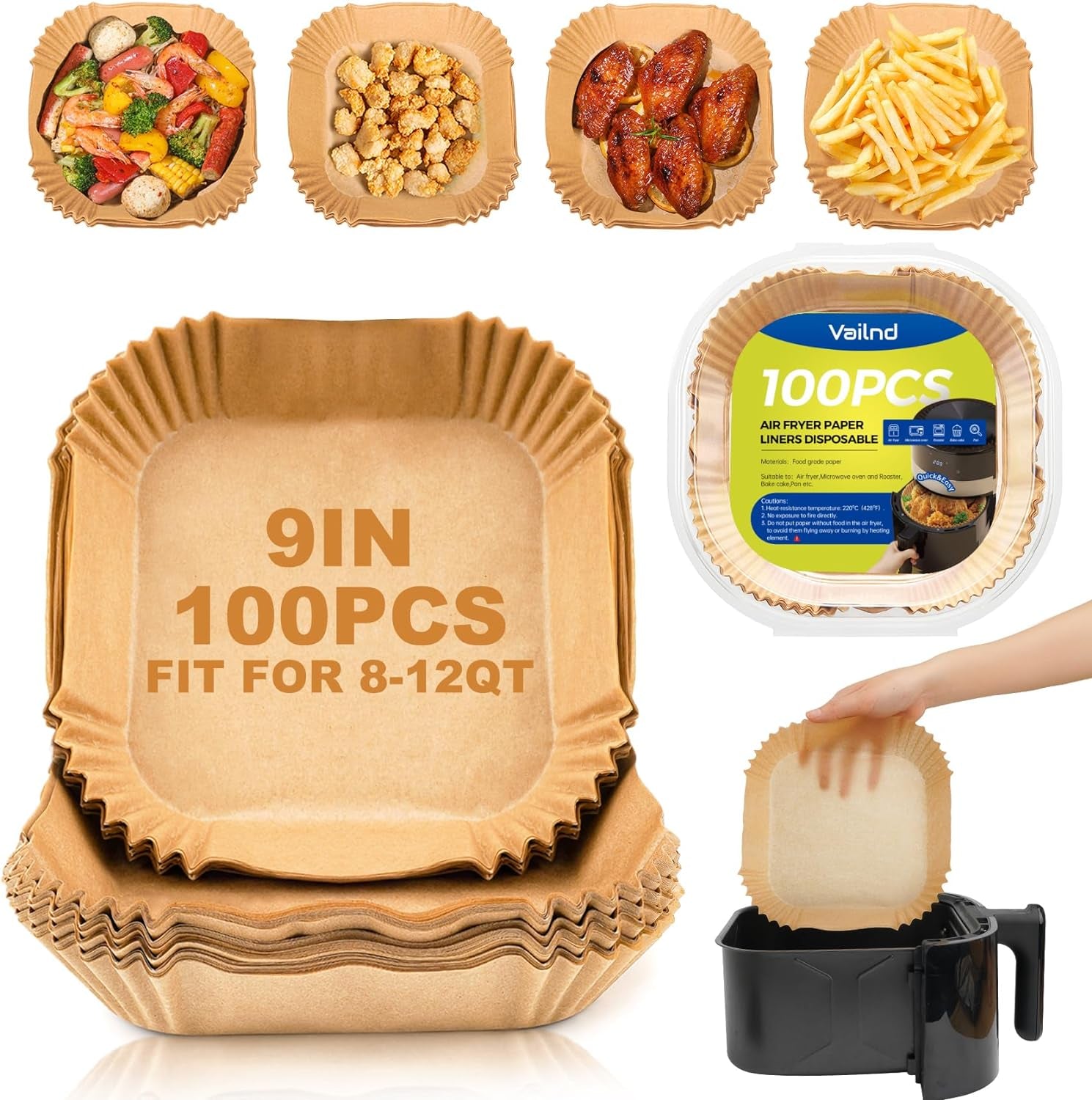 Air Fryer Paper Liners, 125Pcs Parchment Paper, Air Fryer Liner Disposable for Microwave, Non-Stick Air Fryer Liners Square Free of Bleach (8IN)