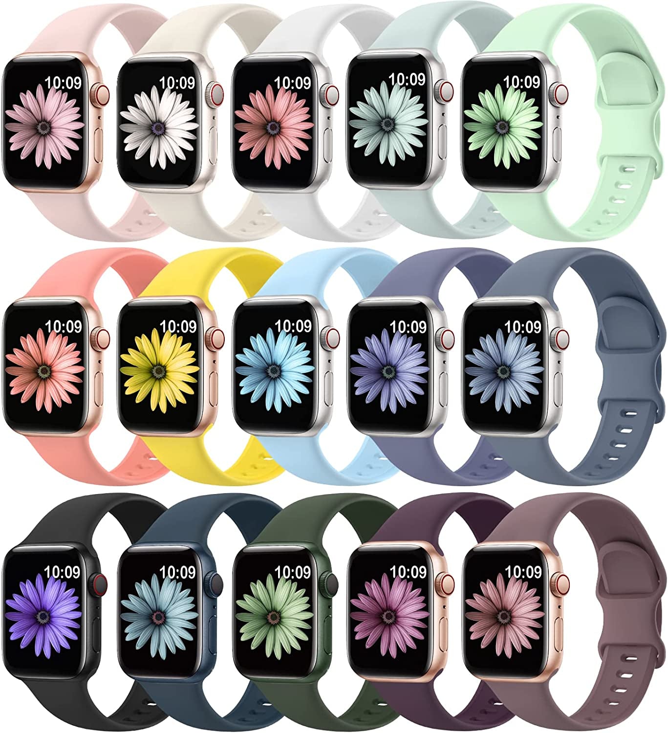 15 Pack Soft Silicone Bands Compatible with Apple Watch Band 40Mm 41Mm 38Mm 45Mm 44Mm 42Mm for Women Men,Waterproof Sport Iwatch Bands Replacement Strap Wristbands for Iwatch SE Series 9 8 7 6 5 4 3 2