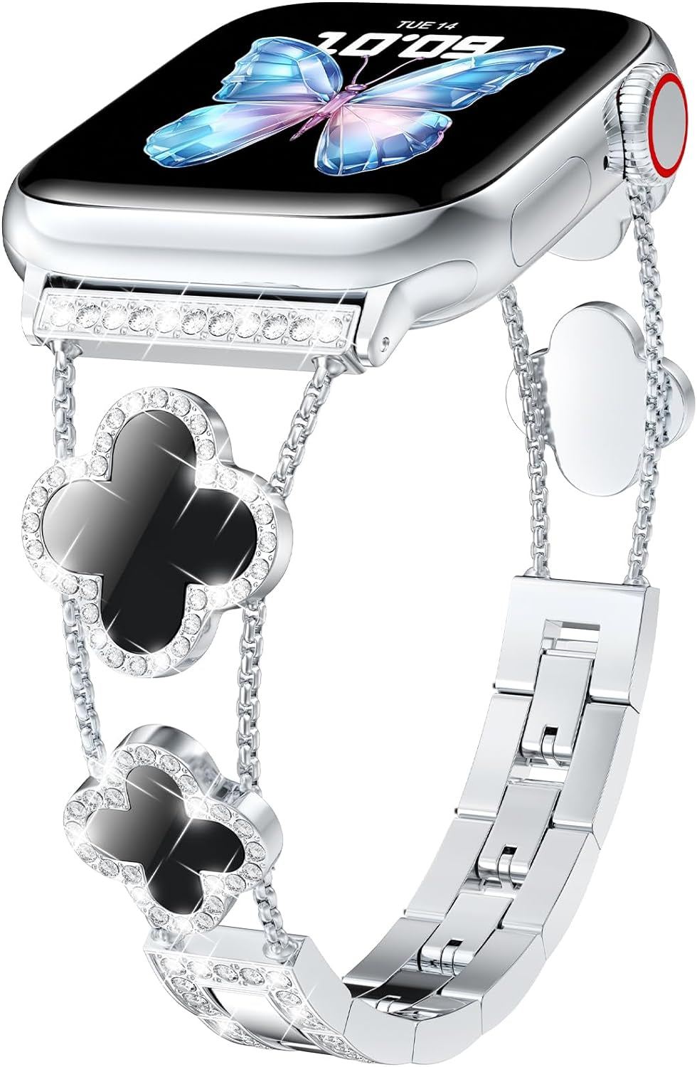 Bling Womens Band Compatible with Apple Watch Band 40Mm 41Mm 38Mm Series 9 8 7 6 5 4 3 2 1 SE, Sparkle Diamond Replacement Bracelet Wristband, Cute Lucky Clover Dressy Iwatch Band,Silver/Black