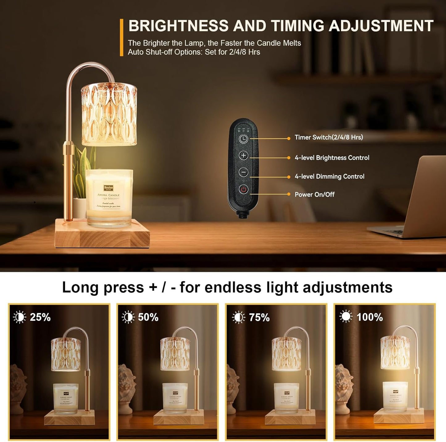 Candle Warmer Lamp with 3 Bulbs, Adjustable Height Dimmable Candle Warmer with Timer, Compatible with Large Jar Candles, Candle Lamp with Charming Gift Box Ribbon for Her/Him(Natural Wood)