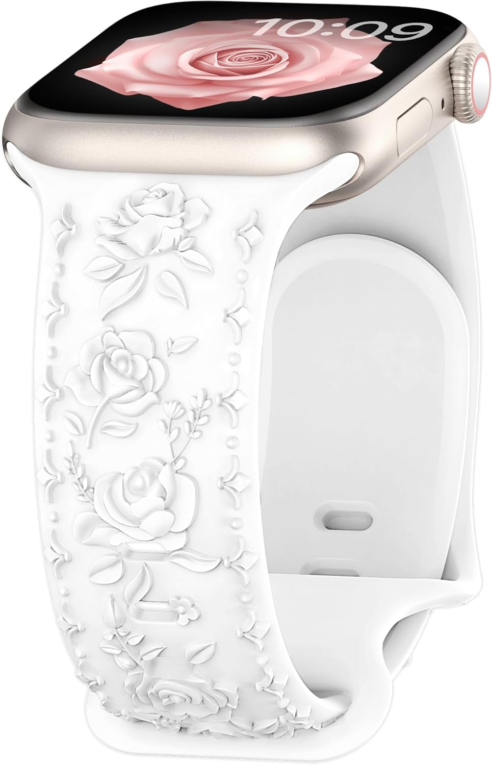 Floral Engraved Band for Apple Watch Bands for Women 46Mm 45Mm 44Mm 49Mm 42Mm(Series 3/2/1), Designer Dressy Iwatch Bands, Silicone Sport Bracelet for Apple Watch Series 10 Band 9 SE 8 7 6 5 4 3 Ultra 2 1-White