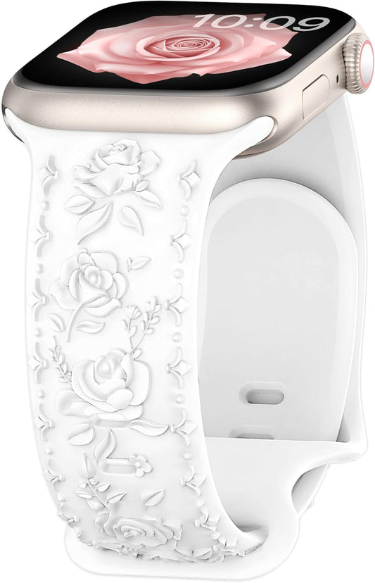Floral Engraved Band for Apple Watch Bands for Women 46Mm 45Mm 44Mm 49Mm 42Mm(Series 3/2/1), Designer Dressy Iwatch Bands, Silicone Sport Bracelet for Apple Watch Series 10 Band 9 SE 8 7 6 5 4 3 Ultra 2 1-White