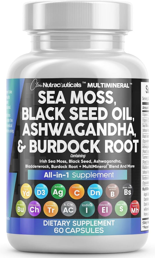 Sea Moss Black Seed Oil Ashwagandha Turmeric Bladderwrack Burdock & Vitamin C Vitamin D3 with Elderberry Manuka Dandelion Yellow Dock Iodine Chlorophyll ACV TLBH