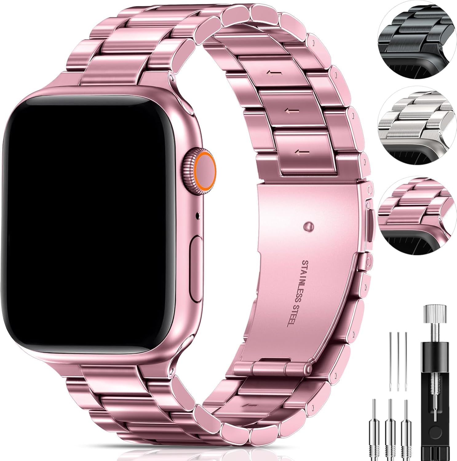 Compatible with Apple Watch Band 49Mm 45Mm 44Mm 42Mm for Men Women, Stainless Steel Metal Watch Bands for Iwatch SE2 SE Series 9 8 7 6 5 4 3 2 1 Midnight Black