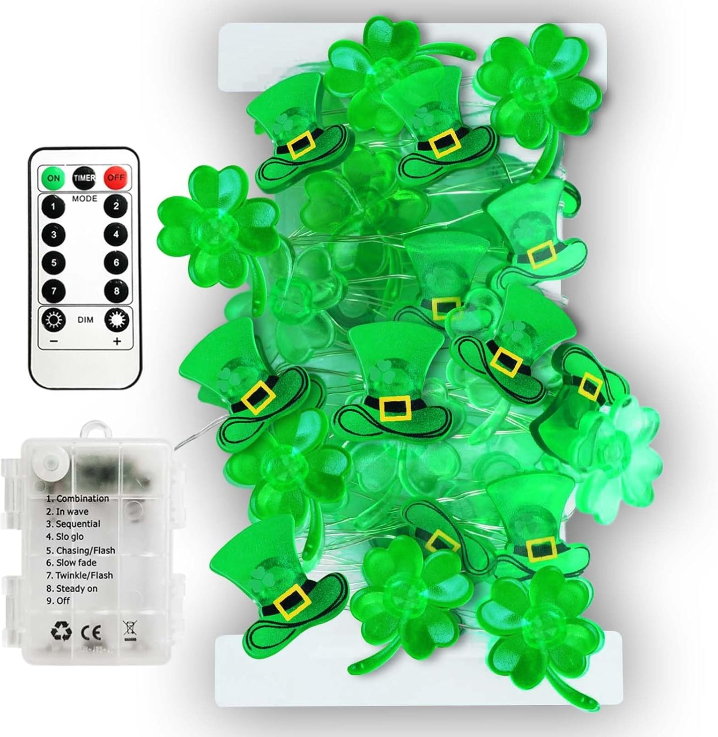 50LED Shamrocks Leprechaun Hat Lights for St Patricks Day Decorations, Battery Operated Green Lucky Clover Fairy String Lights for St Patricks Home Garden Indoor Outdoor Irish Decor (8 Modes)