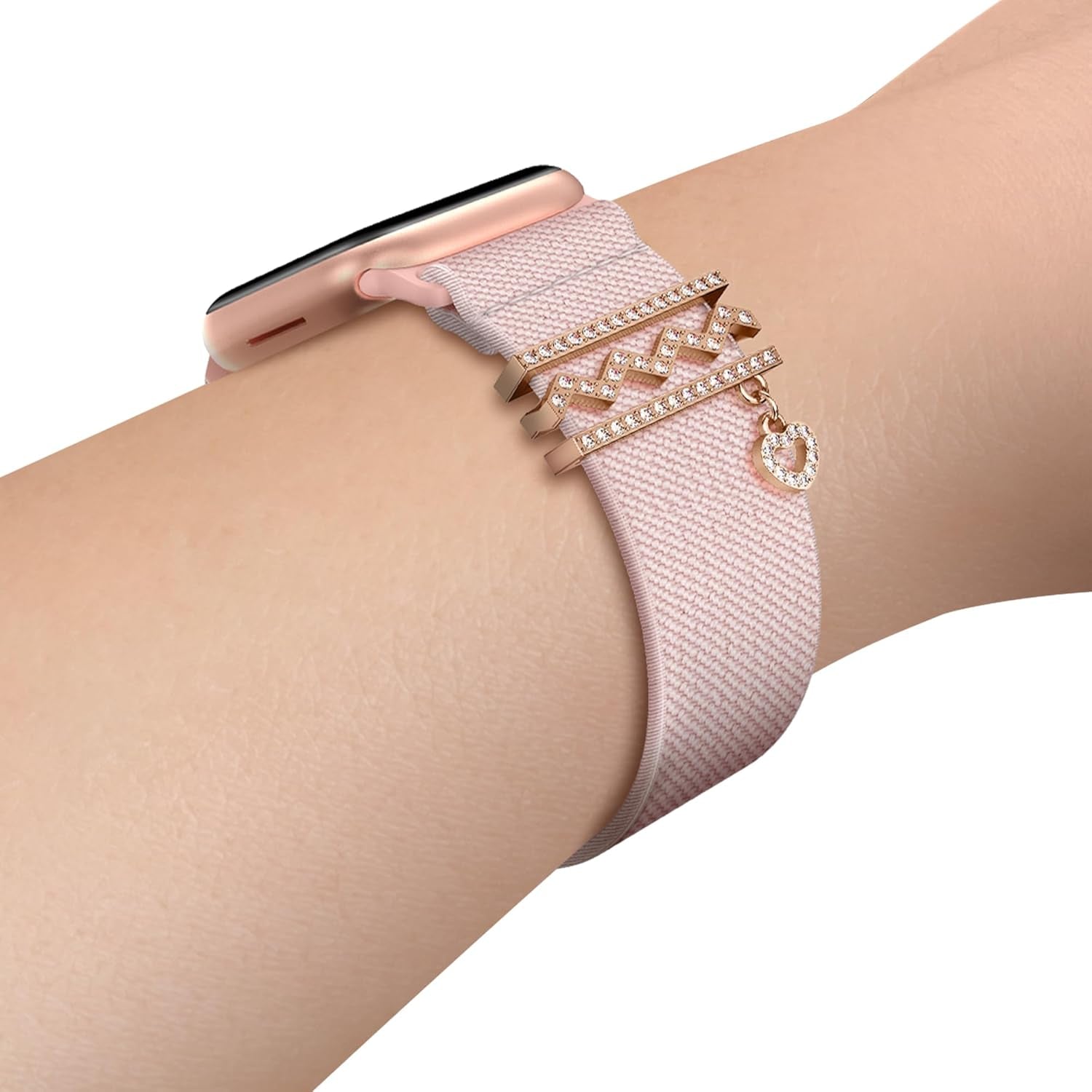 Decorative Rings Loop Charms Nylon Watchband Compatible with Apple Watch 38 40 41 42 44 45 49Mm, Metal Diamond Accessories Slide Elastic Strap for Iwatch Ultra 2/1 SE Series 9 8 7 6 5 4 3 2 1 (Include Band)