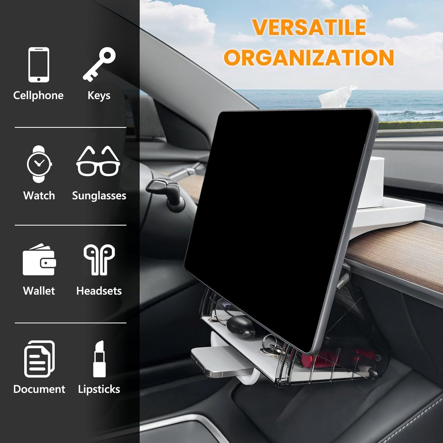 Hideable Tesla under Screen Storage Model Y/3, Magnetic Center Console Organizer behind Screen Tray Compatible with Tesla Model Y/3 Accessories 2024-2017 (Not Fit 2024 Model 3 Highland) -White