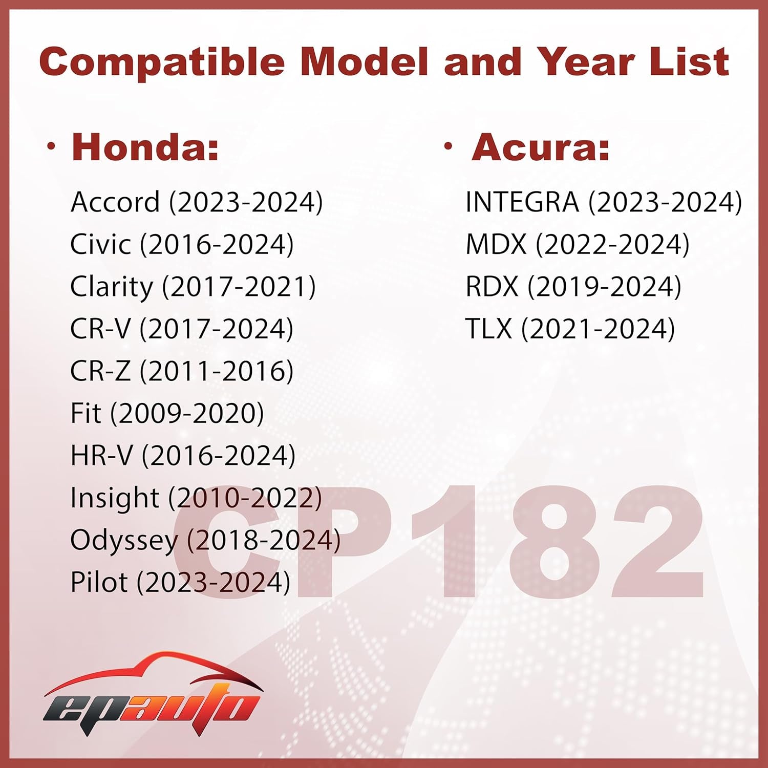 CP182 (CF11182) Replacement for Honda Premium Cabin Air Filter Includes Activated Carbon